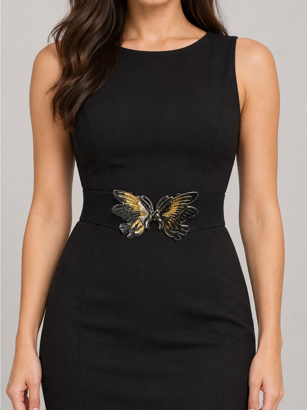 Vintage Black Stretch Belt with Oversized Two-Tone Butterfly Buckle Adjustable - Picture 7 of 8